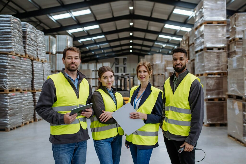 Full team of warehouse employees standing in warehouse. Team of workers in reflective clothing in